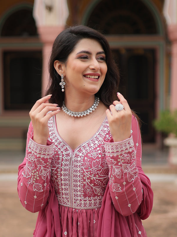 Faux Georgette Sequins Embroidered Palazzo Suit with Dupatta