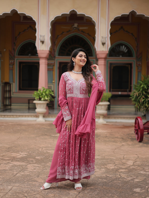 Faux Georgette Sequins Embroidered Palazzo Suit with Dupatta