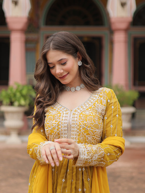Faux Georgette Sequins Embroidered Palazzo Suit with Dupatta