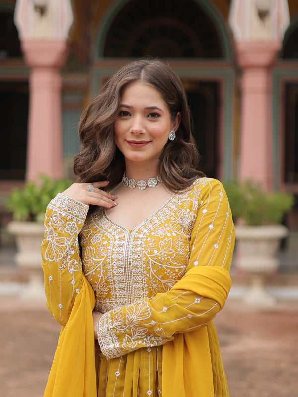 Faux Georgette Sequins Embroidered Palazzo Suit with Dupatta