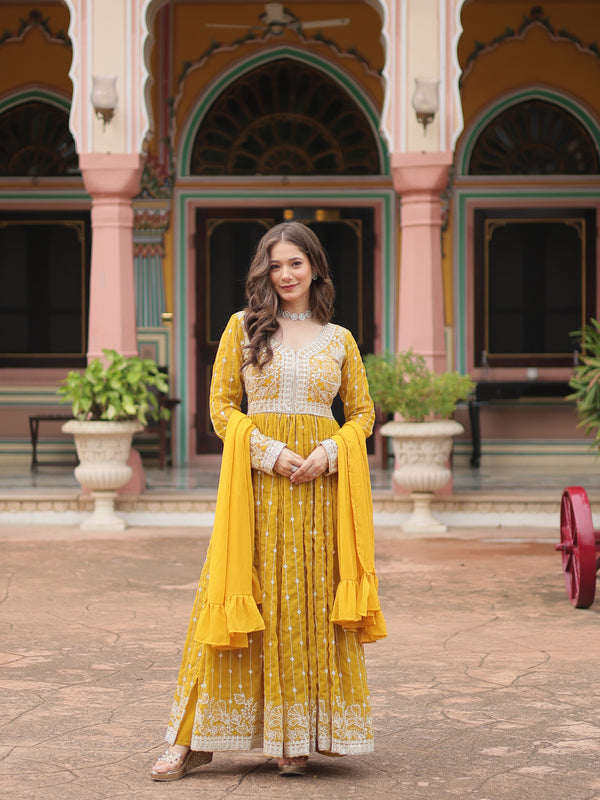 Faux Georgette Sequins Embroidered Palazzo Suit with Dupatta