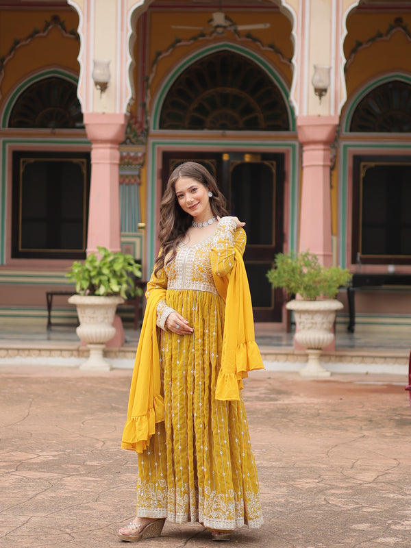 Faux Georgette Sequins Embroidered Palazzo Suit with Dupatta