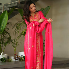 Chinnon Silk Zari Thread Embroidered Top-Pant with Dupatta