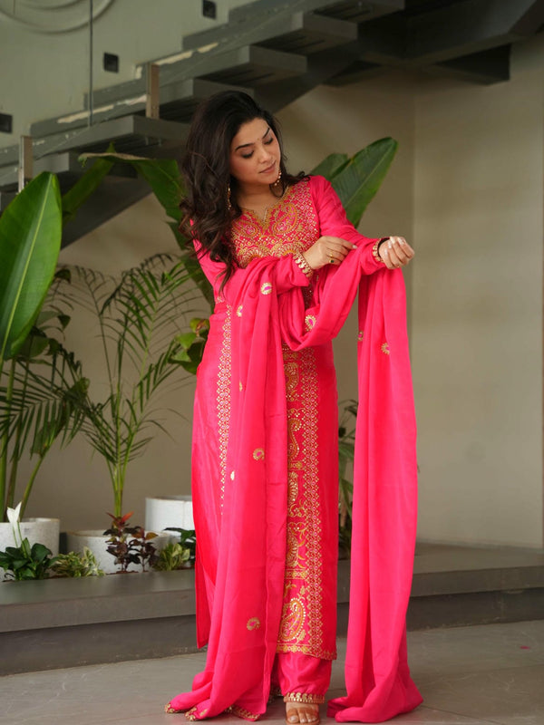Chinnon Silk Zari Thread Embroidered Top-Pant with Dupatta