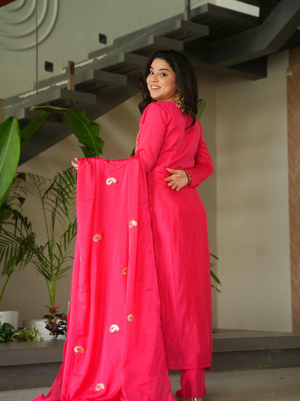 Chinnon Silk Zari Thread Embroidered Top-Pant with Dupatta