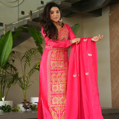 Chinnon Silk Zari Thread Embroidered Top-Pant with Dupatta
