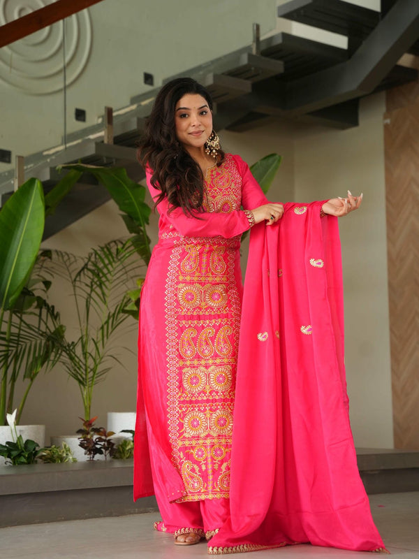 Chinnon Silk Zari Thread Embroidered Top-Pant with Dupatta