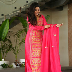 Chinnon Silk Zari Thread Embroidered Top-Pant with Dupatta