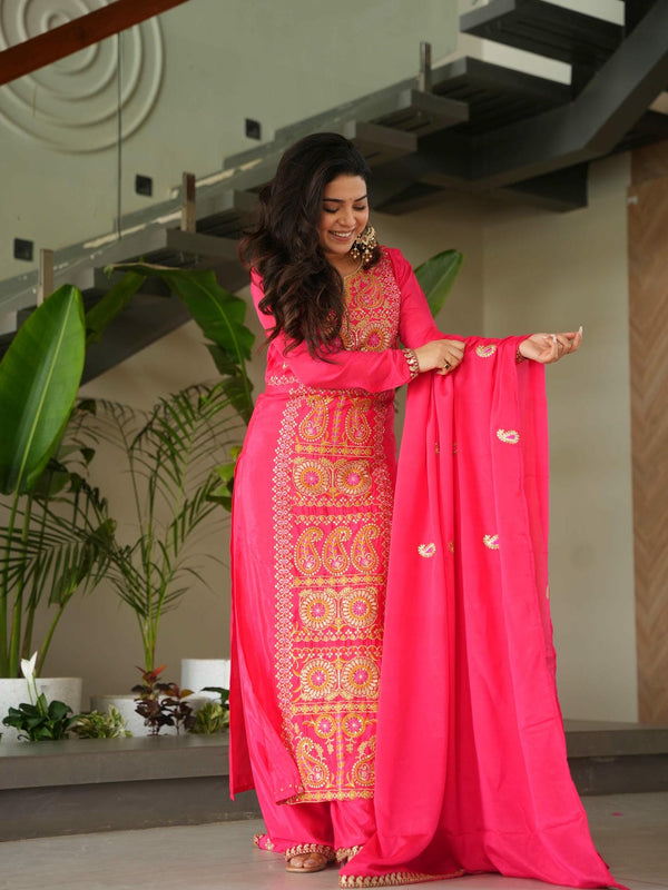 Chinnon Silk Zari Thread Embroidered Top-Pant with Dupatta