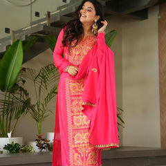 Chinnon Silk Zari Thread Embroidered Top-Pant with Dupatta