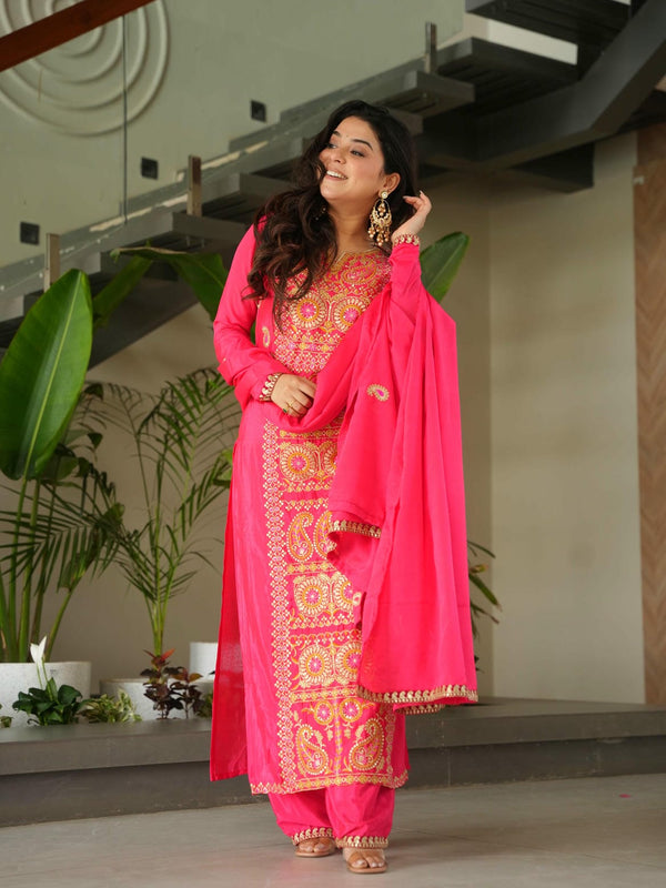 Chinnon Silk Zari Thread Embroidered Top-Pant with Dupatta