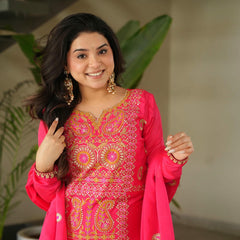 Chinnon Silk Zari Thread Embroidered Top-Pant with Dupatta