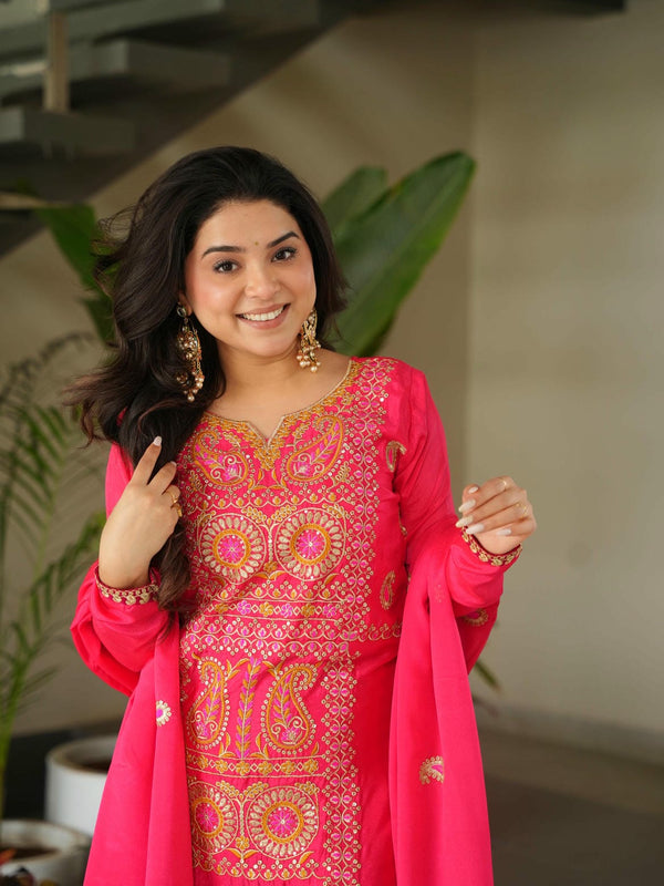 Chinnon Silk Zari Thread Embroidered Top-Pant with Dupatta