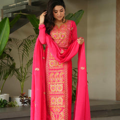 Chinnon Silk Zari Thread Embroidered Top-Pant with Dupatta