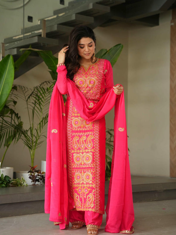 Chinnon Silk Zari Thread Embroidered Top-Pant with Dupatta