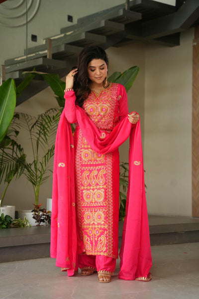 Chinnon Silk Zari Thread Embroidered Top-Pant with Dupatta