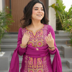 Chinnon Silk Zari Thread Embroidered Top-Pant with Dupatta