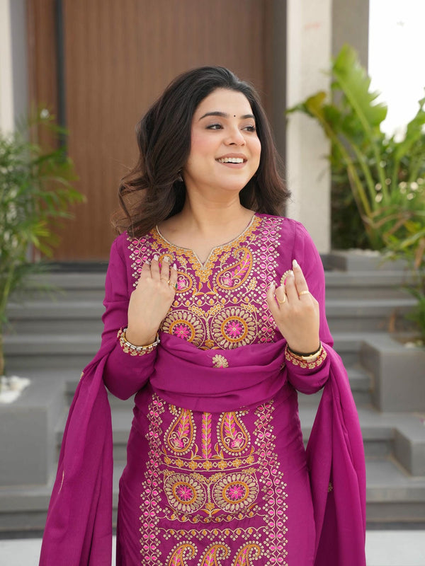 Chinnon Silk Zari Thread Embroidered Top-Pant with Dupatta
