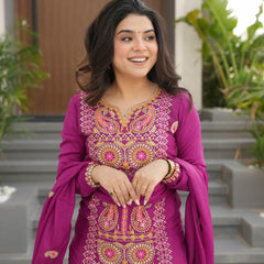 Chinnon Silk Zari Thread Embroidered Top-Pant with Dupatta