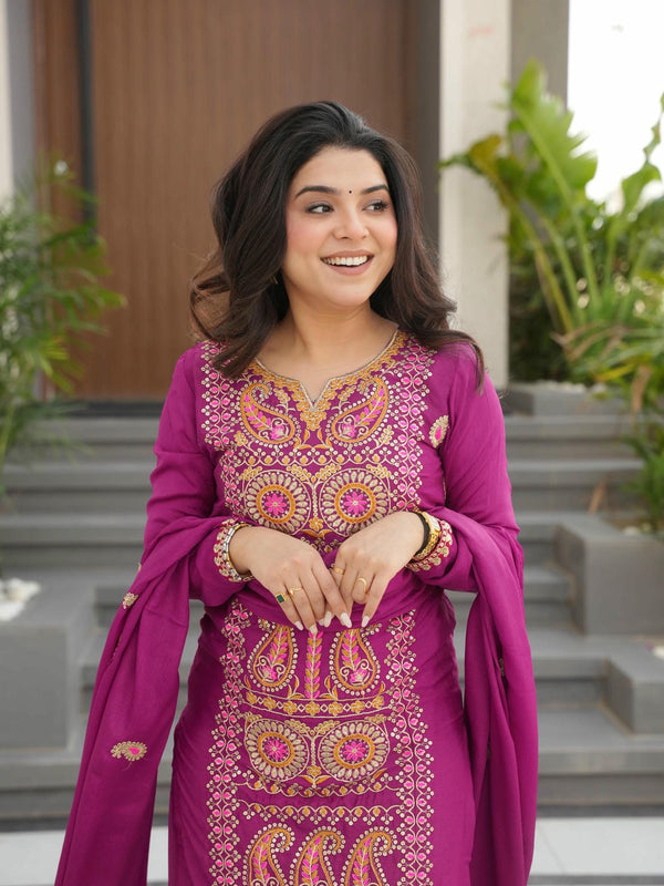 Chinnon Silk Zari Thread Embroidered Top-Pant with Dupatta