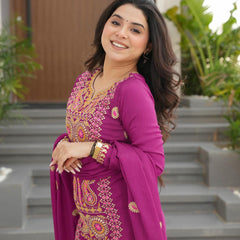 Chinnon Silk Zari Thread Embroidered Top-Pant with Dupatta