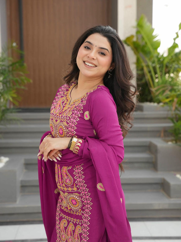 Chinnon Silk Zari Thread Embroidered Top-Pant with Dupatta