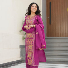 Chinnon Silk Zari Thread Embroidered Top-Pant with Dupatta