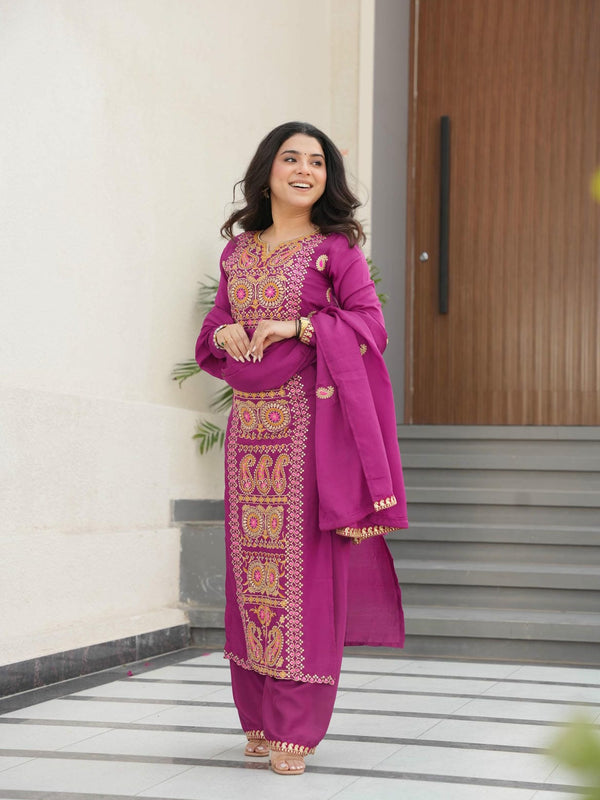 Chinnon Silk Zari Thread Embroidered Top-Pant with Dupatta