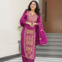 Chinnon Silk Zari Thread Embroidered Top-Pant with Dupatta