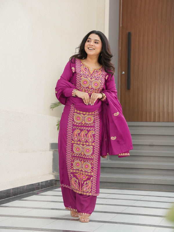 Chinnon Silk Zari Thread Embroidered Top-Pant with Dupatta