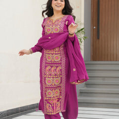 Chinnon Silk Zari Thread Embroidered Top-Pant with Dupatta