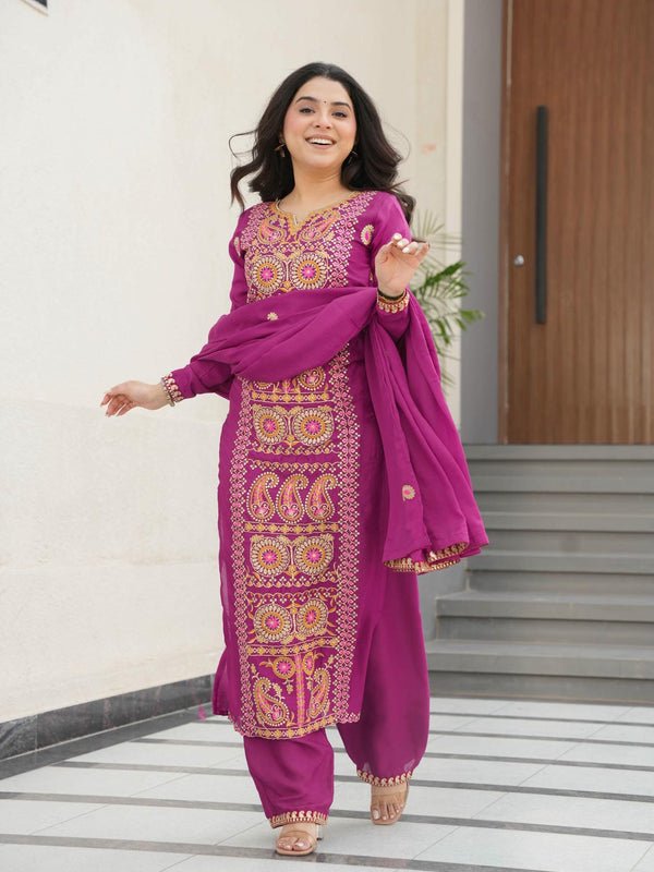 Chinnon Silk Zari Thread Embroidered Top-Pant with Dupatta