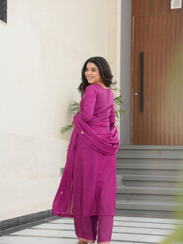 Chinnon Silk Zari Thread Embroidered Top-Pant with Dupatta