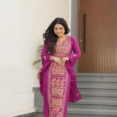 Chinnon Silk Zari Thread Embroidered Top-Pant with Dupatta