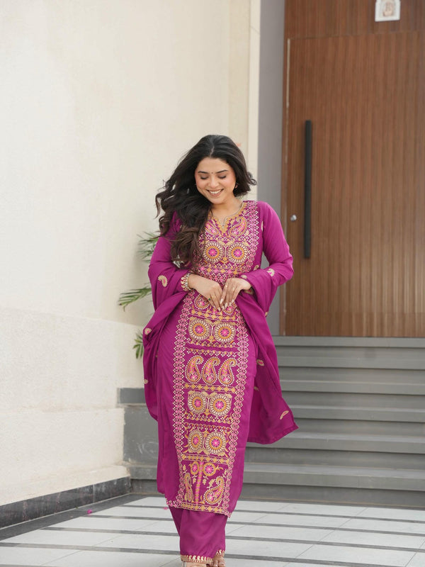 Chinnon Silk Zari Thread Embroidered Top-Pant with Dupatta