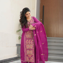 Chinnon Silk Zari Thread Embroidered Top-Pant with Dupatta