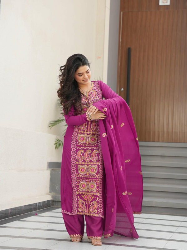 Chinnon Silk Zari Thread Embroidered Top-Pant with Dupatta