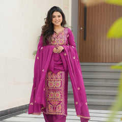 Chinnon Silk Zari Thread Embroidered Top-Pant with Dupatta