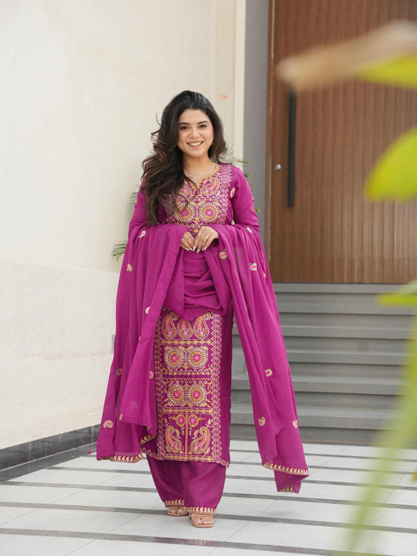 Chinnon Silk Zari Thread Embroidered Top-Pant with Dupatta