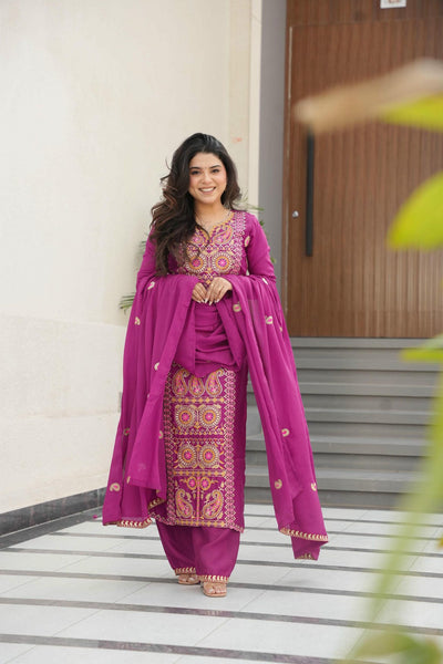 Chinnon Silk Zari Thread Embroidered Top-Pant with Dupatta