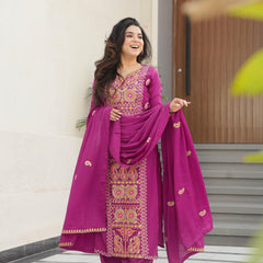 Chinnon Silk Zari Thread Embroidered Top-Pant with Dupatta