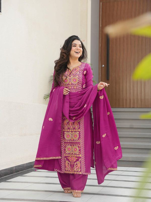 Chinnon Silk Zari Thread Embroidered Top-Pant with Dupatta