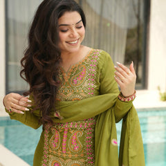 Chinnon Silk Zari Thread Embroidered Top-Pant with Dupatta
