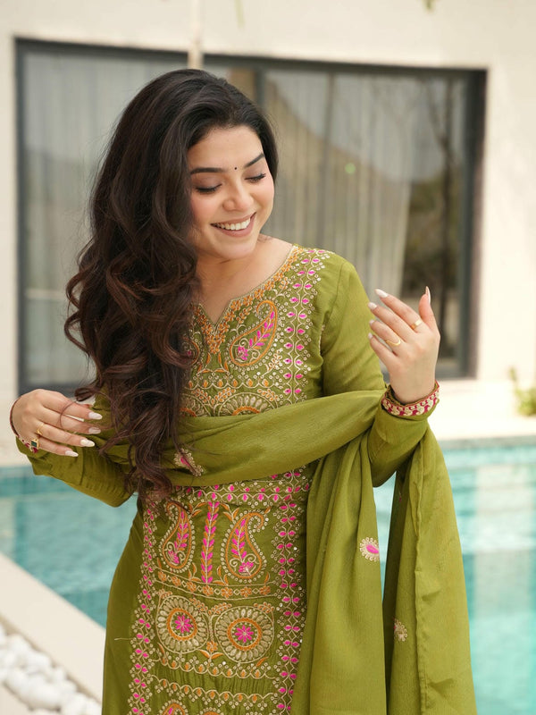 Chinnon Silk Zari Thread Embroidered Top-Pant with Dupatta