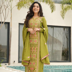 Chinnon Silk Zari Thread Embroidered Top-Pant with Dupatta