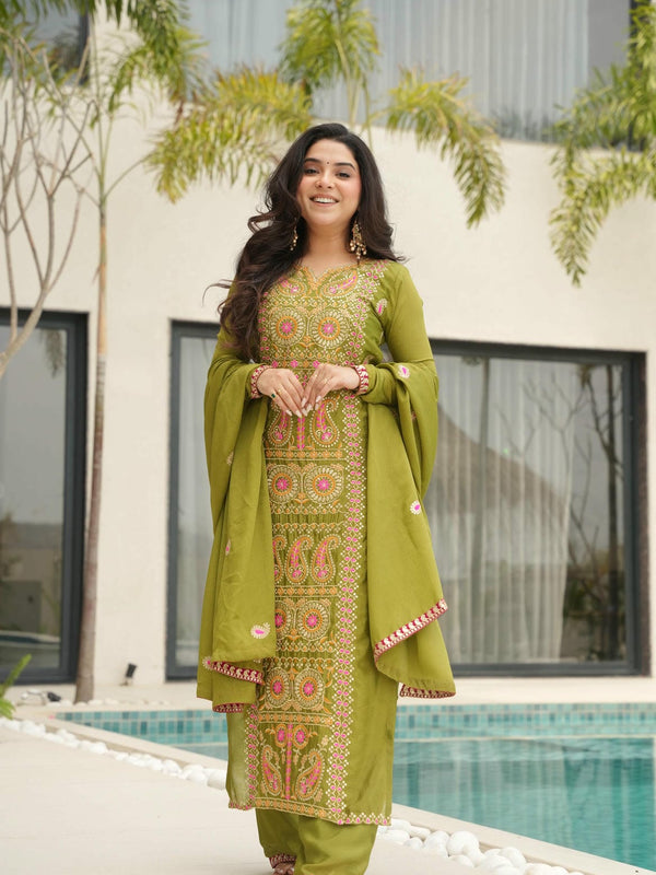 Chinnon Silk Zari Thread Embroidered Top-Pant with Dupatta