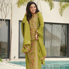 Chinnon Silk Zari Thread Embroidered Top-Pant with Dupatta