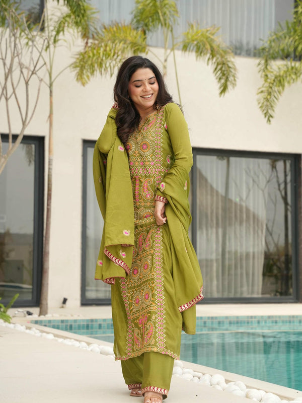 Chinnon Silk Zari Thread Embroidered Top-Pant with Dupatta
