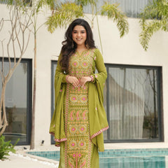 Chinnon Silk Zari Thread Embroidered Top-Pant with Dupatta