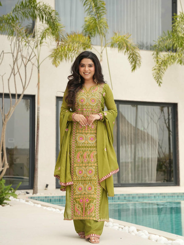 Chinnon Silk Zari Thread Embroidered Top-Pant with Dupatta